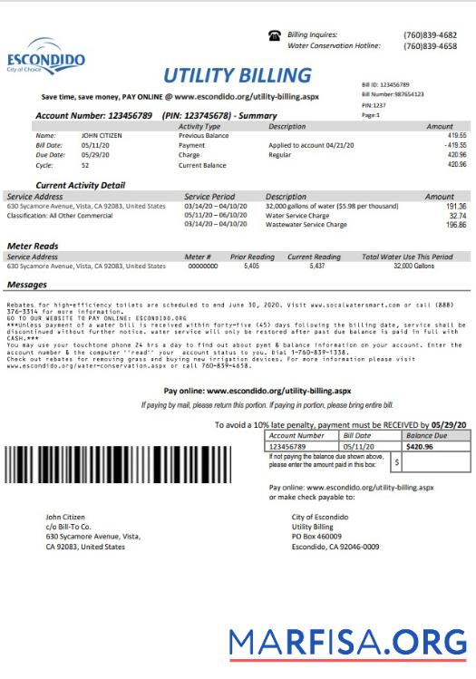 Blank USA California Escondido City of Choice utility bill template in Word and PDF format